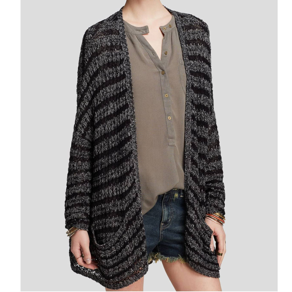 Free People Night Stripes Cardigan Open Front Gray